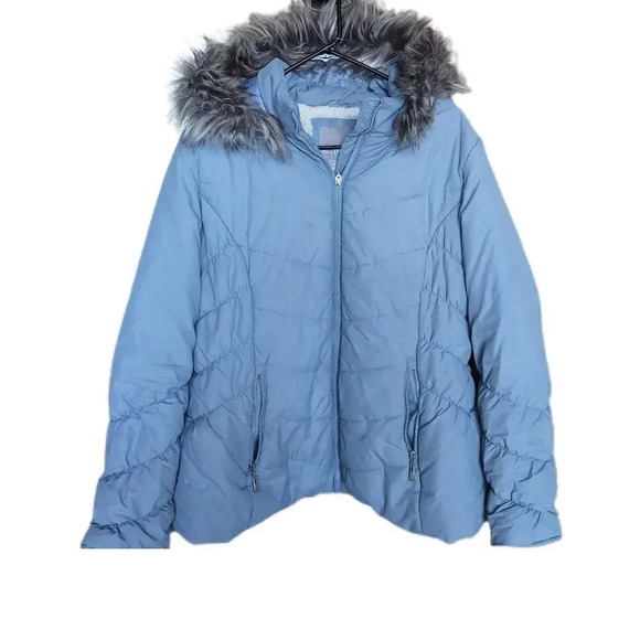 Falls Creek Women's Puffer Jacket with Furr in Size XL, Light Blue - Picture 1 of 2